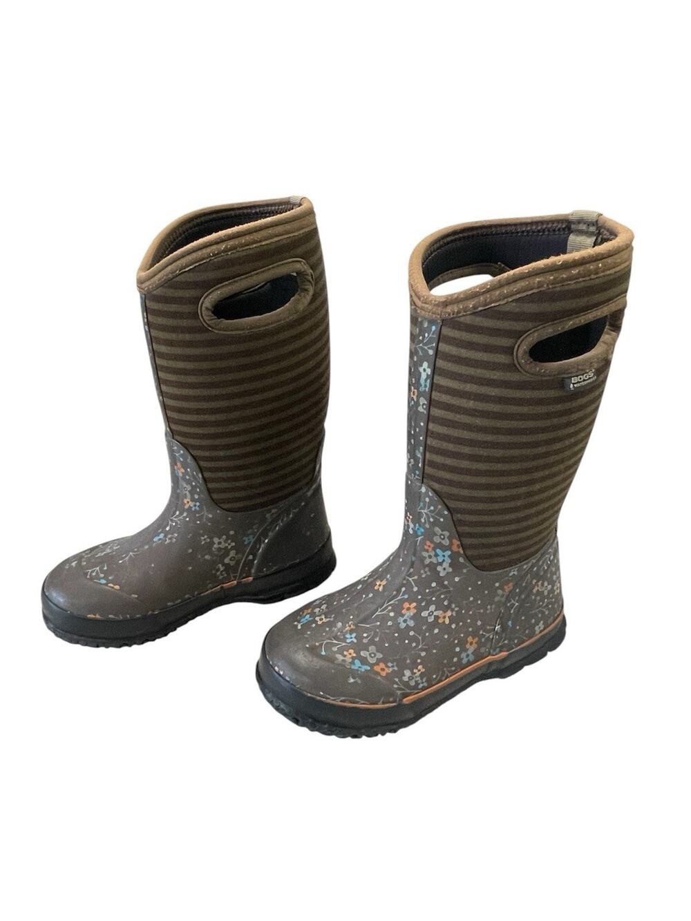 BOGS Kids Classic Flower & Stripe Brown Rain/Snow Boot Youth Size 12 -Outdoors